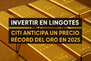 Lingotes de oro de alta pureza apilados sobre superficie dorada, ideales para quienes buscan invertir en lingotes como refugio ante la incertidumbre económica.
